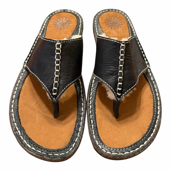 UGG Women's Black Layback Leather Shearling Flip Flop Slipper/Sandals.
